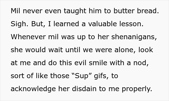 Text excerpt describing MIL&rsquo;s disdain and subtle conflicts with DIL, highlighting rearranged MIL&rsquo;s furniture as a long game tactic.