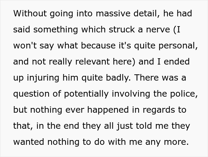 Text excerpt describing a family forgiving a man for injuring his brother five years ago despite tension and unresolved issues.