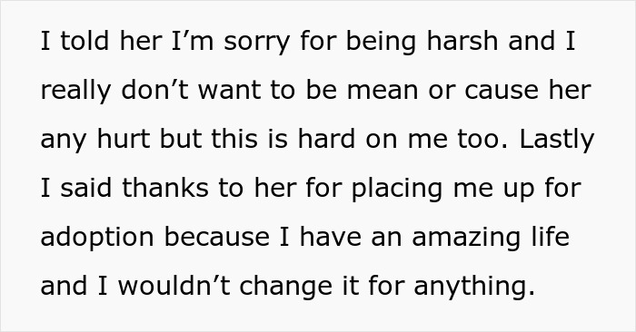 Text about bio mom appearing after 16 years, expecting relationship, but teen feels hurt and not a backup plan.