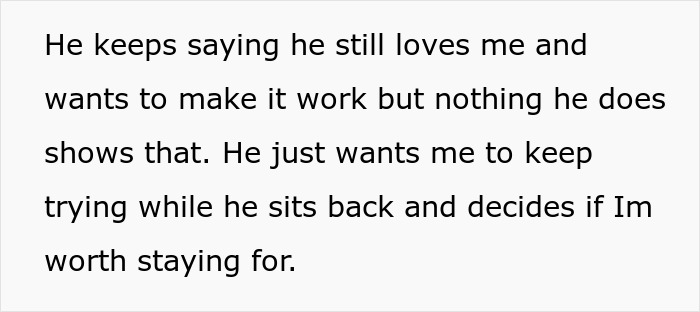 Text excerpt about a strained relationship where the husband tells pregnant wife he never loved her and expects effort.