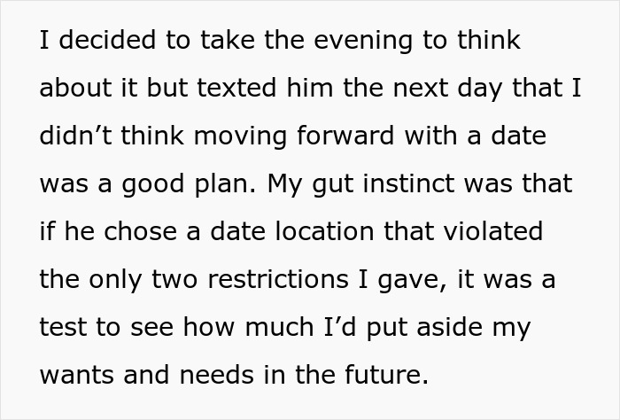 Text discussing a recovering alcoholic deciding not to continue a date planned around bars, prioritizing personal boundaries.