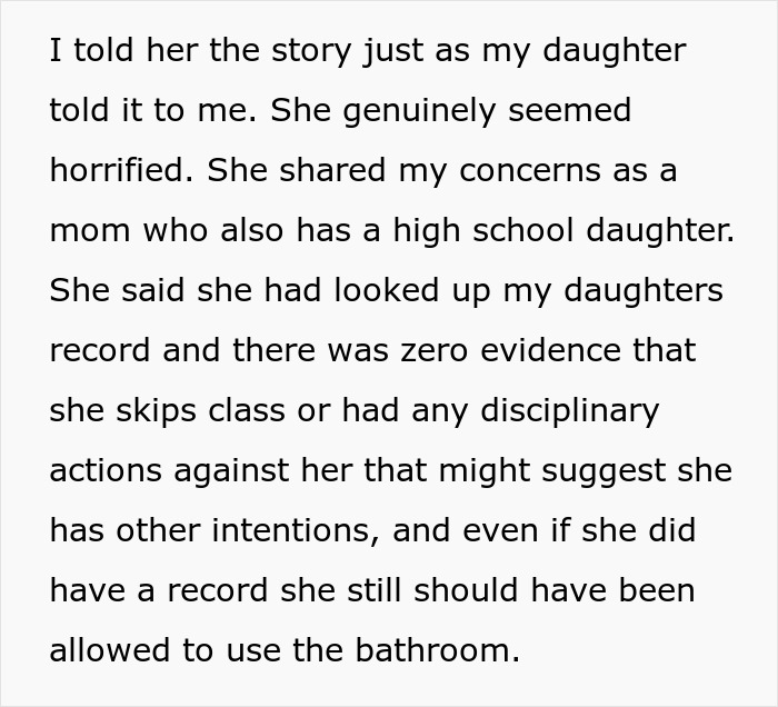 Text excerpt discussing a mom's concerns after a teacher ignores her daughter's emergency at school.