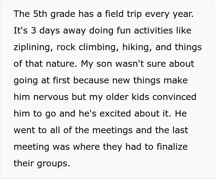 Text describing a worried autistic kid excluded from school field trip, causing his mom to confront the principal.