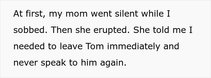Text excerpt showing a woman&rsquo;s mom urging her to leave Tom after discovering her engagement to her first cousin.