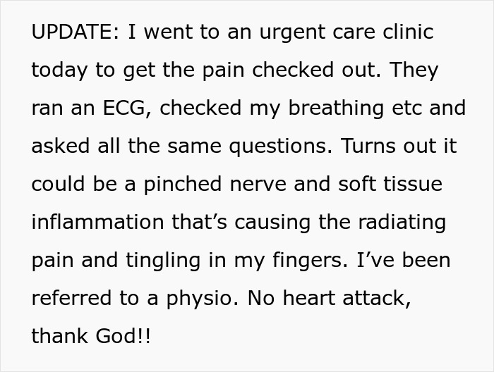 Update about partner sleep called ambulance myself: urgent care visit reveals pinched nerve causing pain and tingling symptoms.
