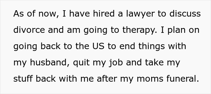 Text about a wife hiring a lawyer to discuss divorce due to husband and in-laws&rsquo; rudeness and disregard.