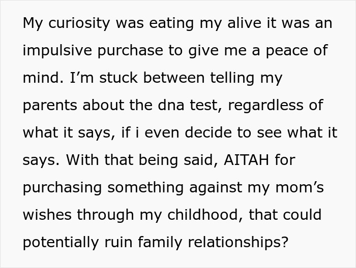 Daughter wants a DNA test despite mom’s strong opposition, risking family relationships and seeking peace of mind. Daughter wants a DNA test despite mom’s strong opposition, risking family relationships and seeking peace of mind.