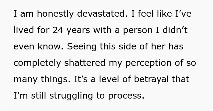 Text expressing devastation over discovering the mother secretly going through his girlfriend’s wallet and ID.