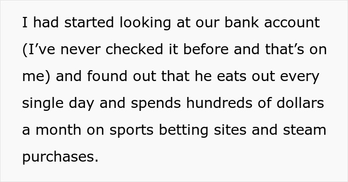 Text showing a wife discovering financial problems caused by her husband&rsquo;s spending, leading to divorce and a SAHM job conflict.