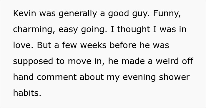 Article screenshot of a woman describing boyfriend's red flags, excerpt about Kevin's offhand comment before moving in.
