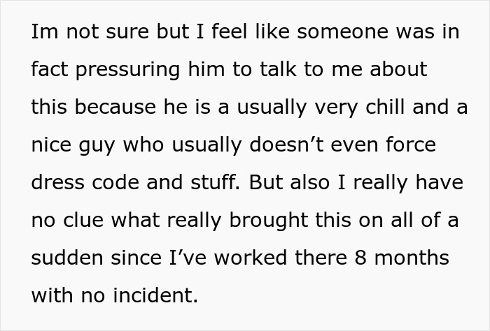 Text discussing someone feeling pressured to talk about refusing to shave legs at work despite no prior issues.