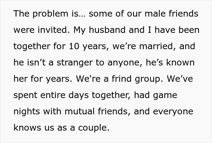Text excerpt about a woman discussing her long-term marriage and friendship dynamics before an engagement party conflict.