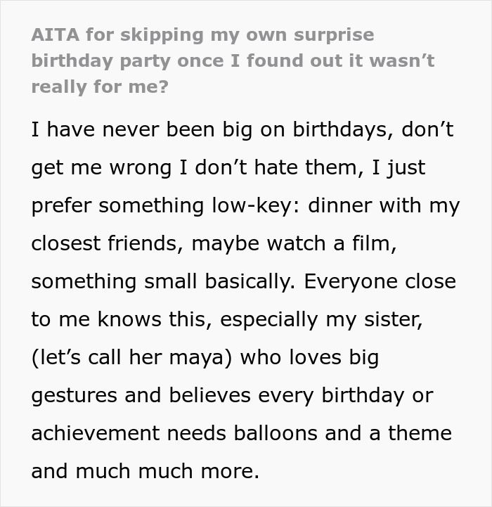 Text excerpt discussing a woman skipping a birthday party organized by her sister because her ex was invited.