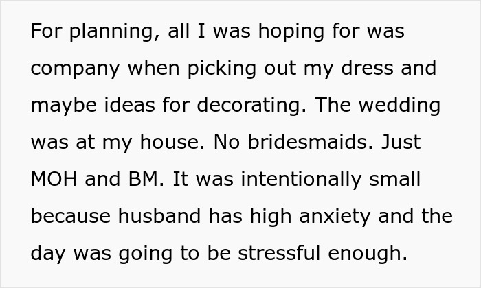 Text excerpt about MOH and groom planning a small wedding due to groom&rsquo;s anxiety and stress concerns.