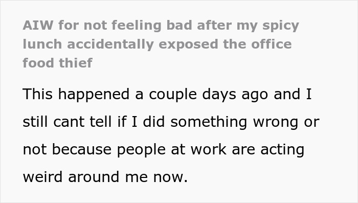 Text post about office food thief exposed after stealing colleague&rsquo;s extra-spicy lunch causing regret and fiery mouth reaction.