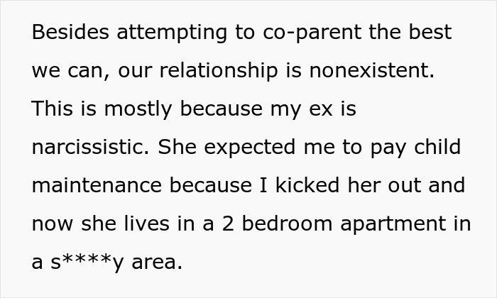 Text excerpt discussing co-parenting challenges and child maintenance issues involving a narcissistic ex in a low-income area. Text excerpt discussing co-parenting challenges and child maintenance issues involving a narcissistic ex in a low-income area.
