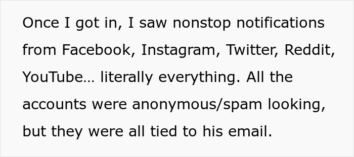 Screenshot of a message describing nonstop notifications from social media linked to an internet troll's email.