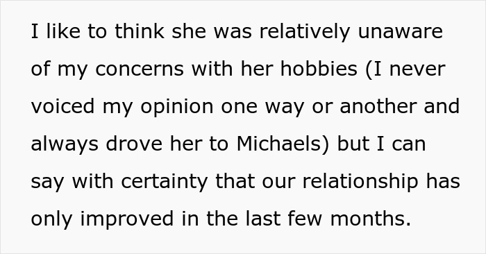 Text excerpt showing a mom’s reflection on her concerns about her daughter’s hobbies and their improving relationship. Text excerpt showing a mom’s reflection on her concerns about her daughter’s hobbies and their improving relationship.
