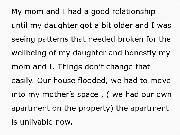 Text discussing a strained family relationship and moving into mother&rsquo;s space after house flooding for daughter&rsquo;s wellbeing.