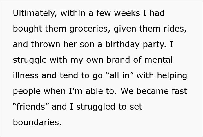Text excerpt about a woman going out of her way to help a new friend with kids, struggling to set boundaries.