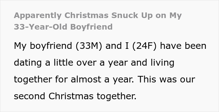 Text excerpt from a story about a man who fails to buy his girlfriend Christmas presents and claims the holiday snuck up on him.