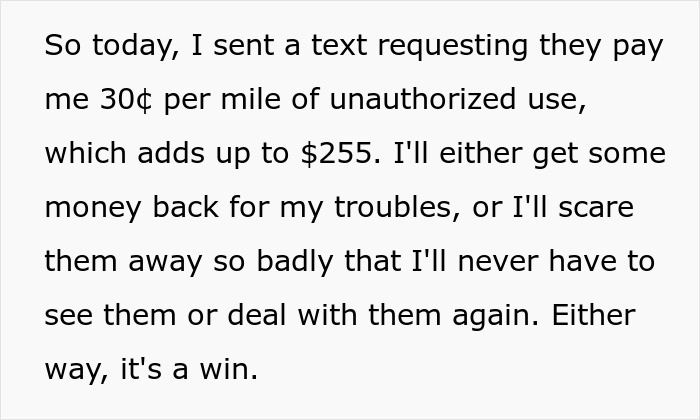 Text message discussing unauthorized car use reimbursement for 1,100 miles driven during surgery recovery stay. - 16