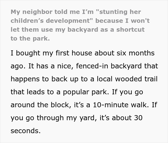 Text excerpt about a neighbor refusing kids to pass through backyard, labeled child-hating hermit by others.