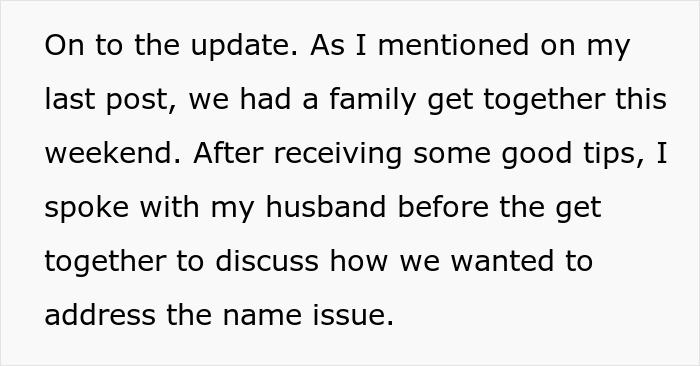 Text excerpt about discussing how to address the baby name issue during a family get together and mil refuse baby name.