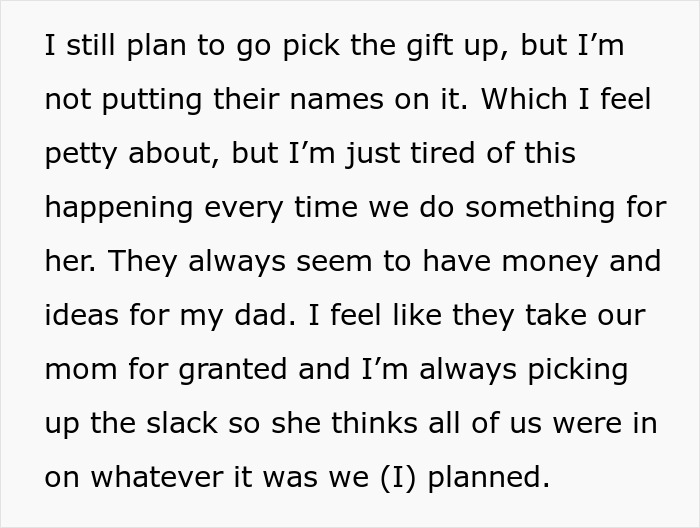 Alt text: Siblings struggle with bros too broke to pitch in for Mom&rsquo;s birthday gift while irate sister takes her out to dinner.