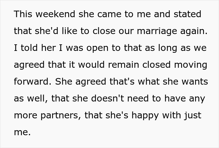 Text discussing a wife making husband agree to an open marriage before deciding to close it and reconnect with him.