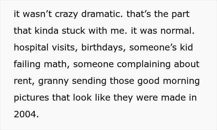 Text describing emotional moments after a guy gets added to a random family group chat over 7 months.