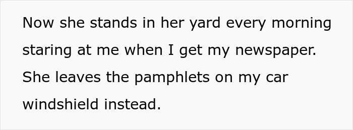 Neighbor leaving religious pamphlet on car windshield, causing tension and involving police intervention.