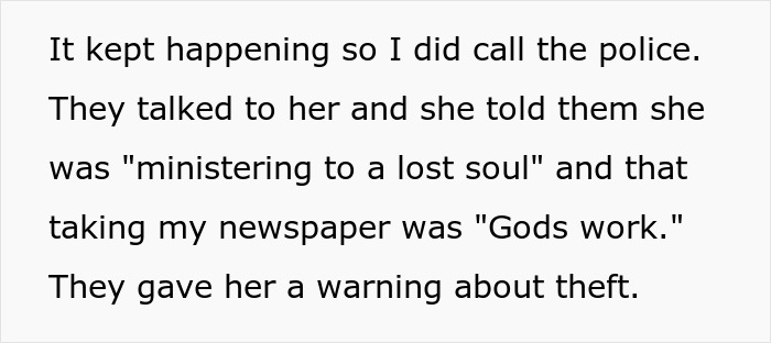 Text excerpt about neighbor religious pamphlet leading to police involvement and theft warning issued.