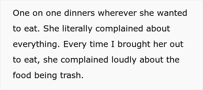Text excerpt from a woman describing one-on-one dinners and complaints about food being trash.