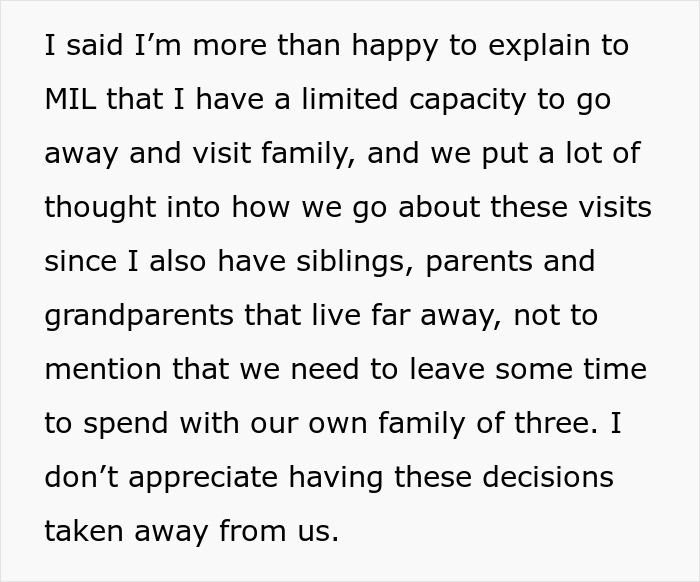 Alt text: DIL expressing frustration over overbearing MIL making family plans without her knowledge, setting boundaries clearly.