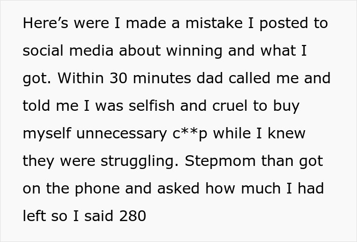 Teen shares stepsister&rsquo;s support after stepmom calls her selfish and cruel for spending money on herself.