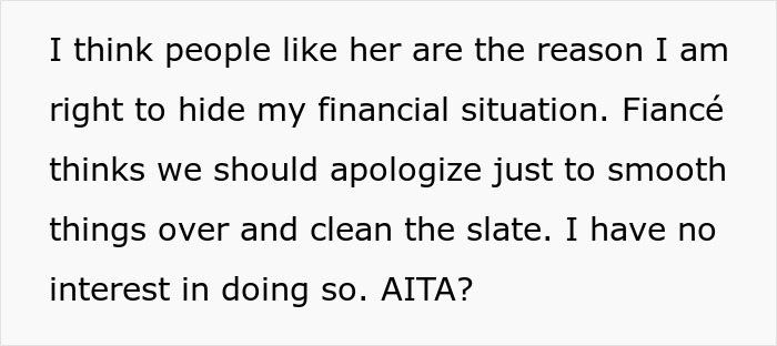 Text post discussing hiding finances from mother-in-law and disagreement with fianc&eacute; about apologizing to smooth things over.