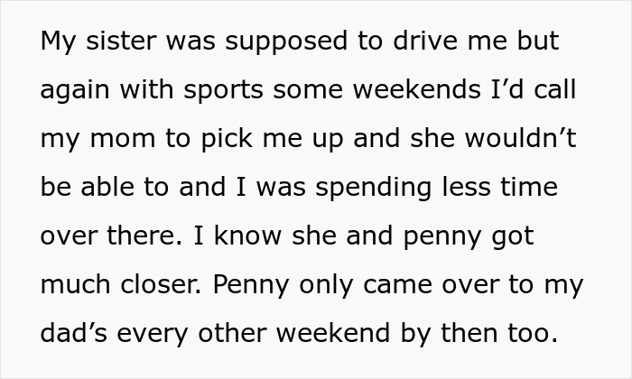 Alt text: Text about a daughter spending less time with mom after divorce and being blamed for picking dad in custody conflict.