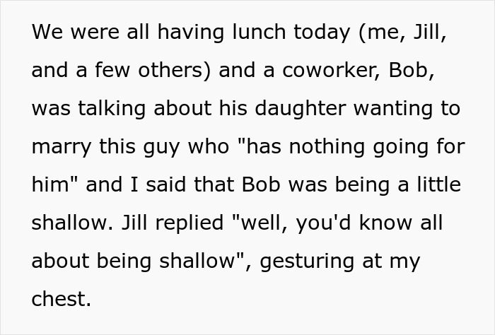 Text of a personal story shared after cancer surgery, addressing coworker remarks about appearance and plastic surgery.