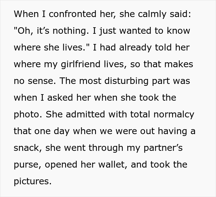 Text describing a son confronting his mother after she secretly goes through his girlfriend’s wallet and takes photos of her ID.