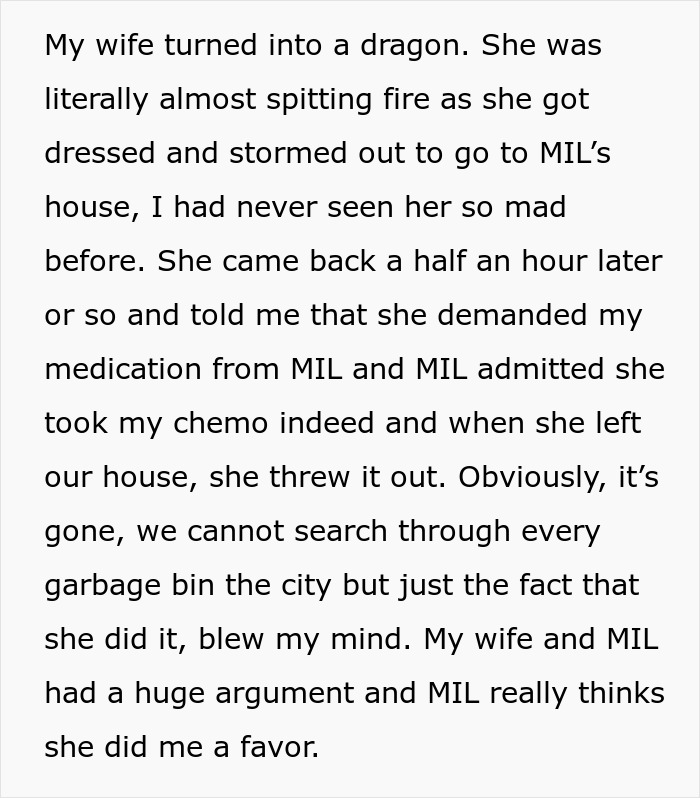 Text describing a man suffering from cancer and the impact of his MIL interfering with his chemotherapy medication.