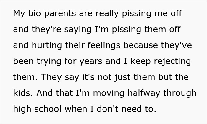 Text from a teen expressing frustration with bio parents who abandoned him and legal issues over living arrangements. Text from a teen expressing frustration with bio parents who abandoned him and legal issues over living arrangements.