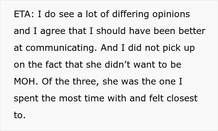 Text excerpt from a groom addressing differing opinions about the maid of honor&rsquo;s effort before the wedding.