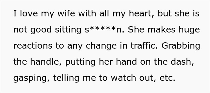 Text excerpt describing a husband banning wife from front seat after her anxiety meltdown causes risk while driving.
