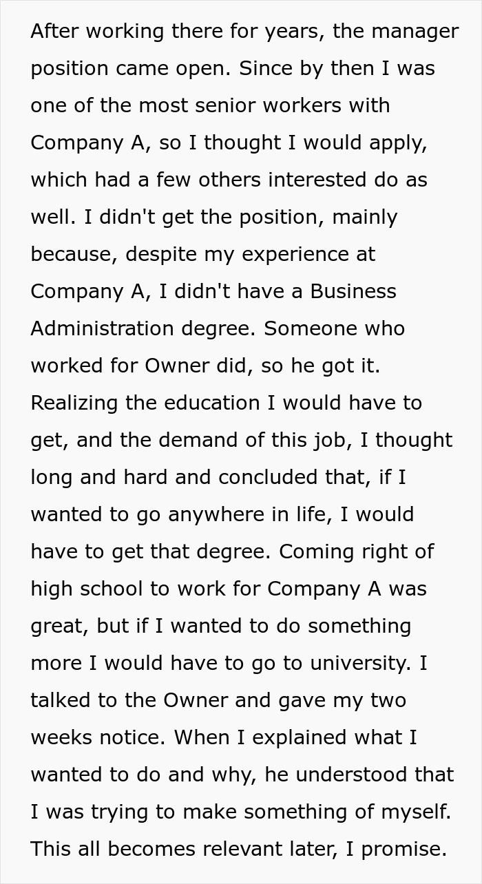 Block of text describing a man&rsquo;s career growth and life decisions before reckoning and revenge on coworker who got him fired.