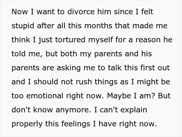 ALT text: Text confession of a wife feeling emotional and torn about divorce after acting like a housemaid per husband's demands.