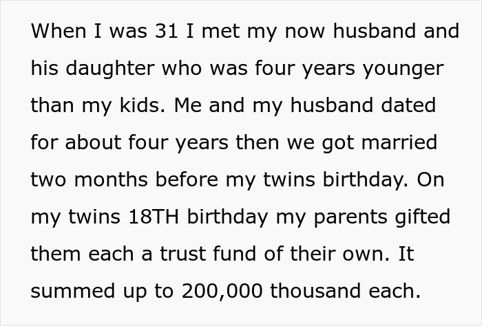 Text excerpt explaining family dynamics and the step-daughter trust fund established on the twins’ 18th birthday.