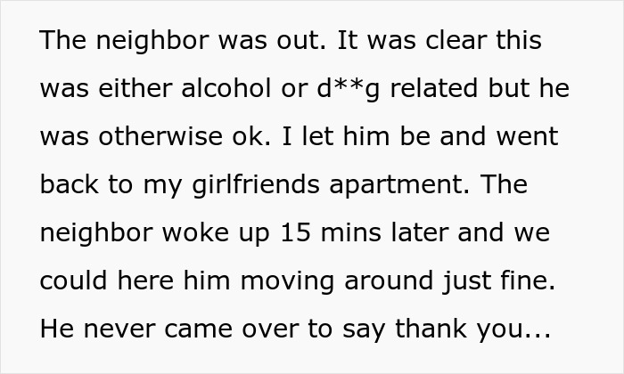 Text excerpt showing a man&rsquo;s experience with a problematic neighbor highlighting heroic actions and relationship struggles.