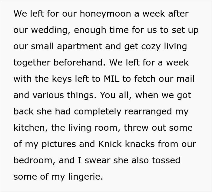 MIL rearranging furniture and belongings while DIL is away, highlighting the long game in their relationship conflict.