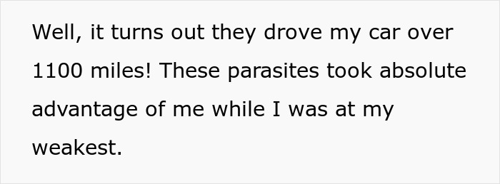 Text excerpt showing frustration about a friend driving a car 1,100 miles while taking advantage during surgery recovery. - 15